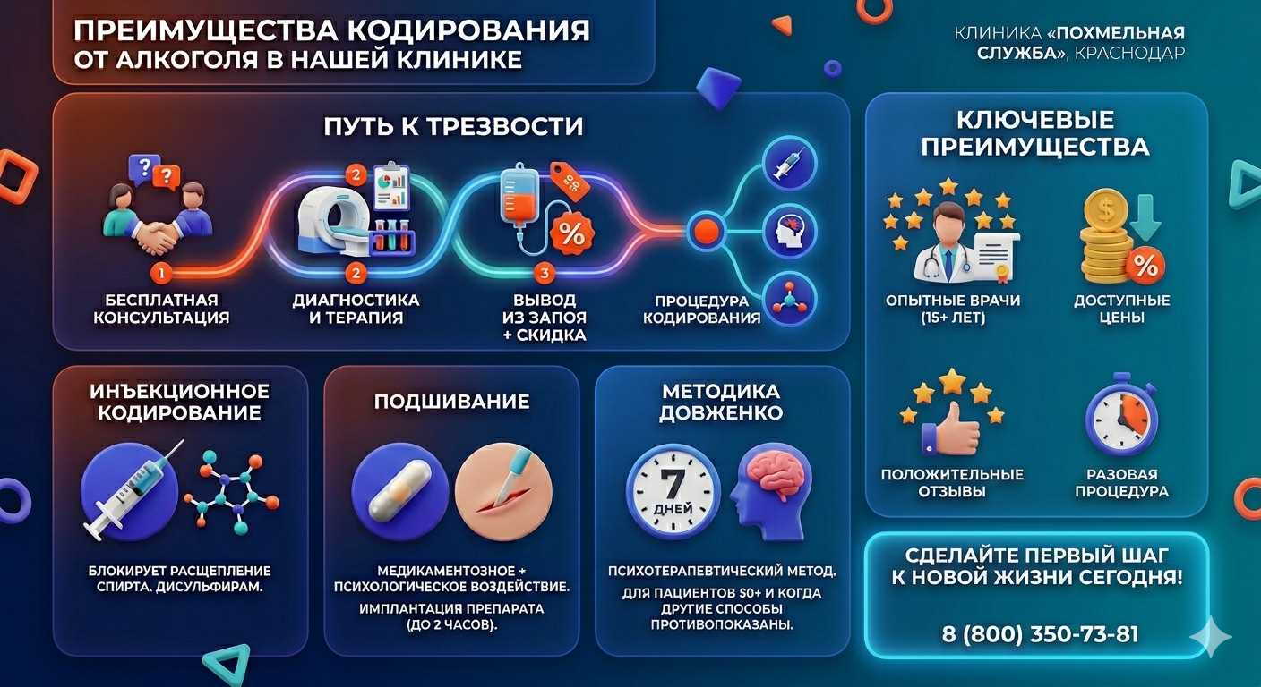 Инфографика о методах кодирования от алкоголя в городе Хилок: инъекции, подшивание, метод Довженко. Преимущества клиники и этапы лечения.