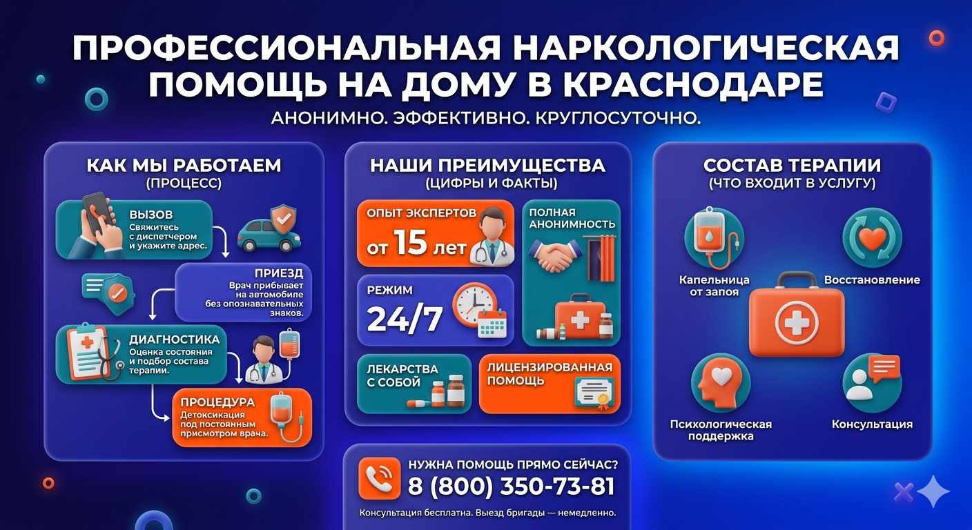 Инфографика о принципах лечения алкоголизма на дому в городе Хилок: этапы вызова нарколога, преимущества анонимной детоксикации и состав медицинской помощи.